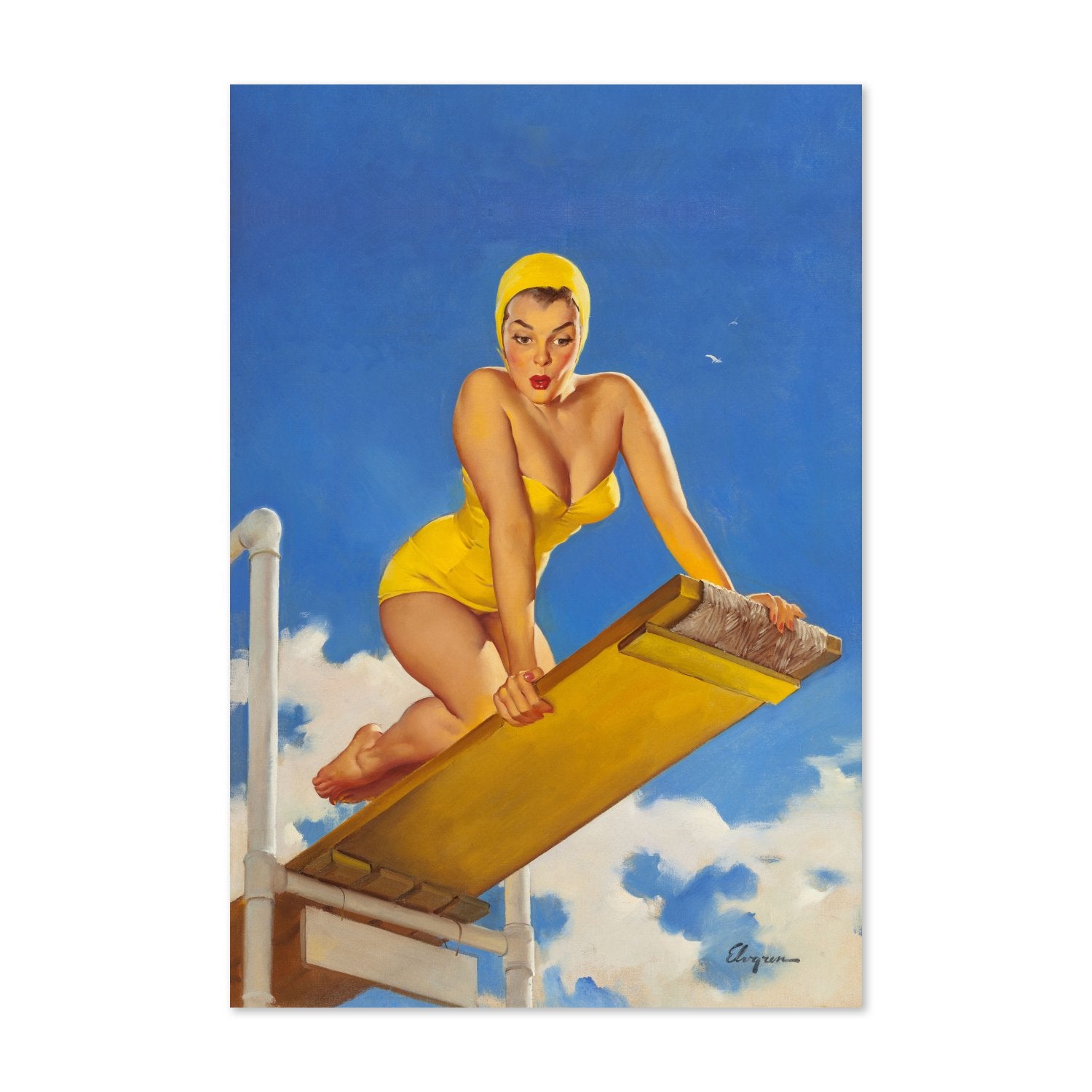 High and Shy by Gil Elvgren, pin-up poster — framed print